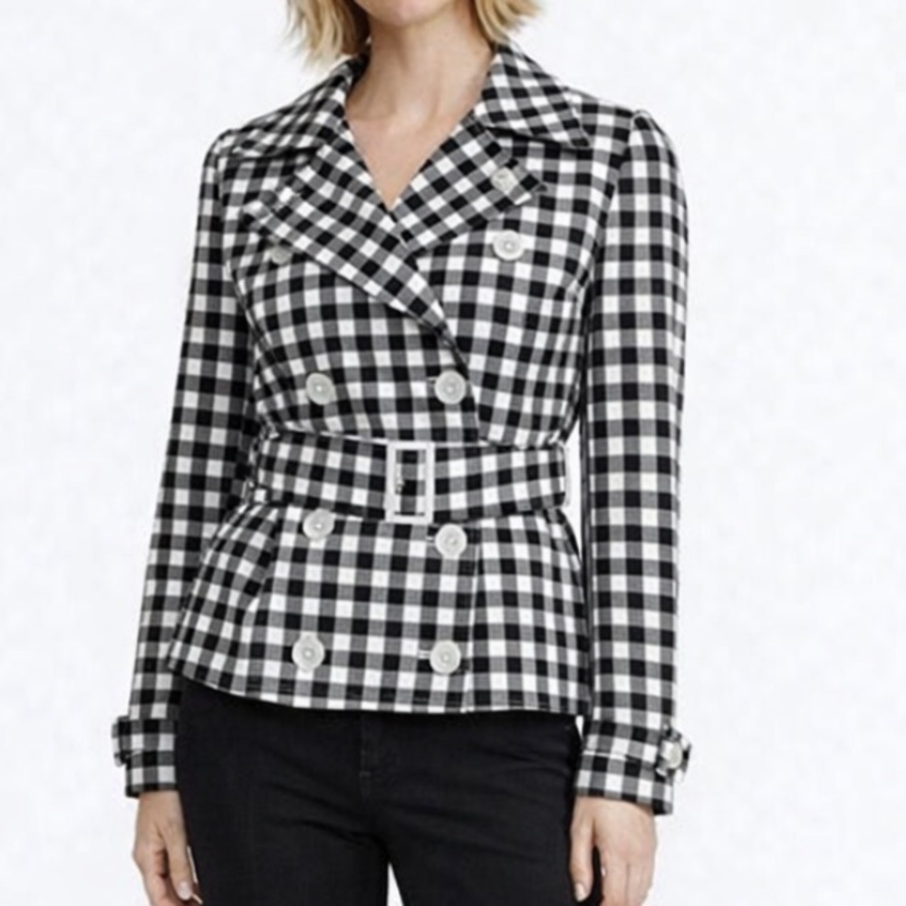 Lauren Ralph Lauren black white gingham check belted blazer jacket Womens Sz L